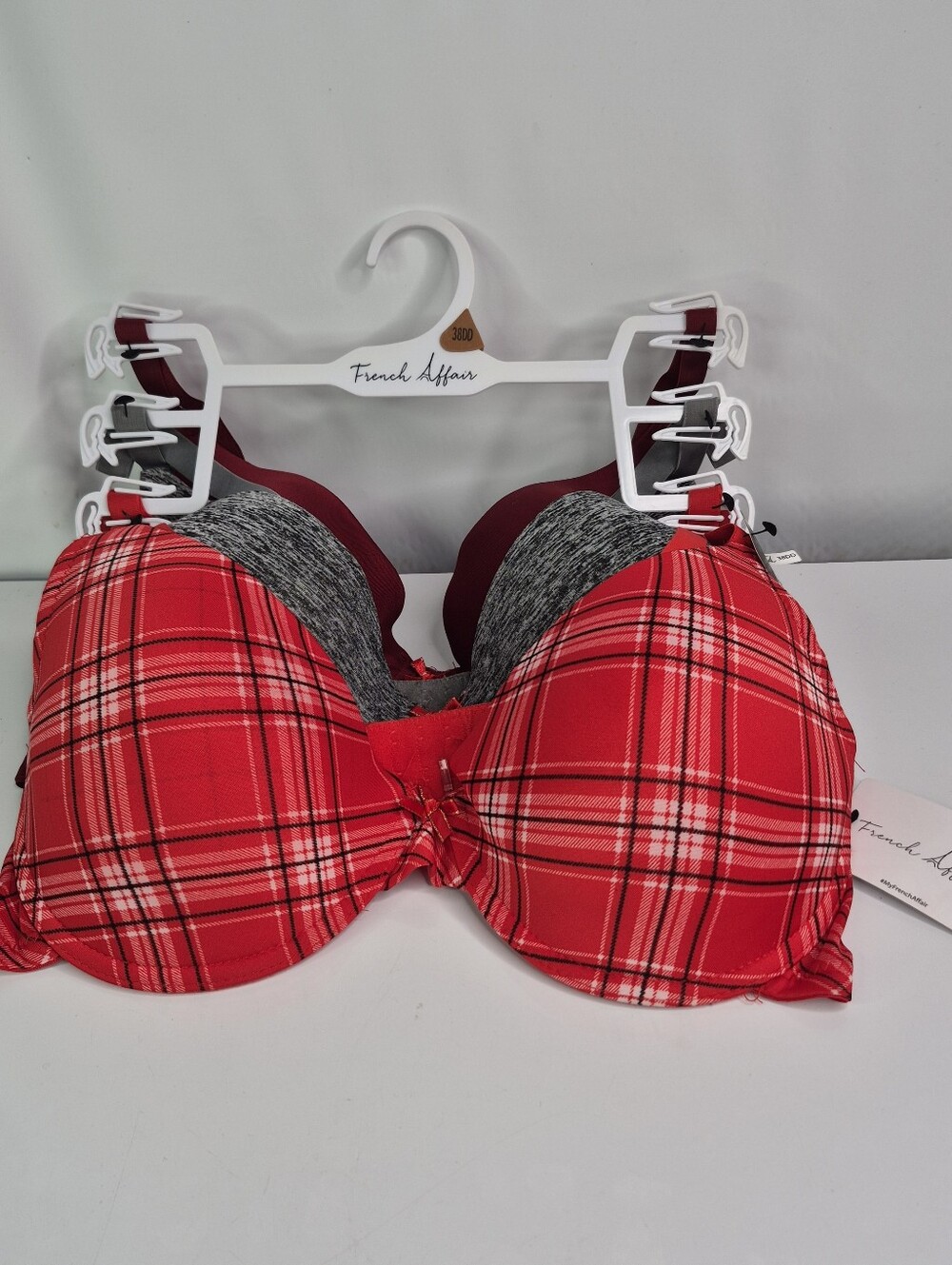 French Affair Women's 3 Pack Bra Red, Gray, And Marroon. Size 38DD. Nwt.